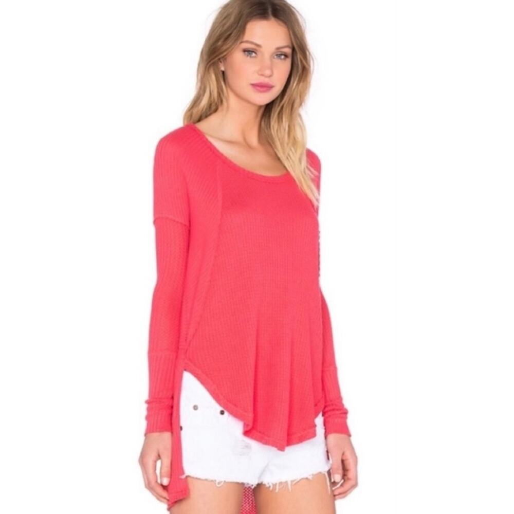 Free People Ventura Thermal Top Long Sleeve Split Hem  Coral Poppy Size Small